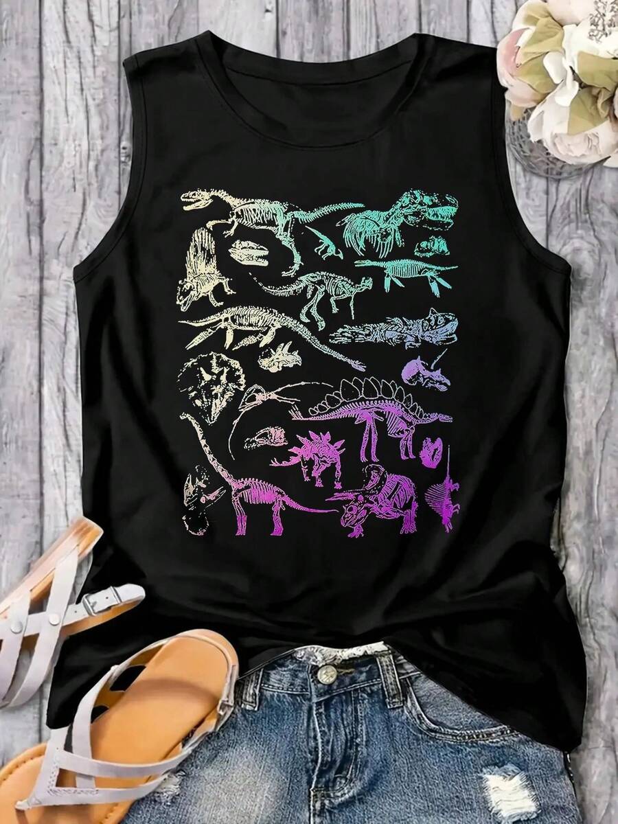Women Oversized Graphic Shirt Funny Dinosaur Skeleton Aesthetic Tshirt Dino Fossil Short Sleeve Casual Tank Top Tops Fashionable Plus Size Women's Tank Top, Super Soft And Breathable Cotton | Comfortable Fit, Versatile Everyday Style, Suitable For All Seasons. - màu đen - Xem 1