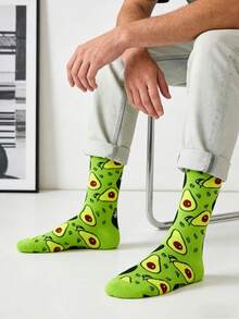 1 双男士绿色底色牛油果图案中筒袜，四季皆宜 - 彩色 - 查看 3