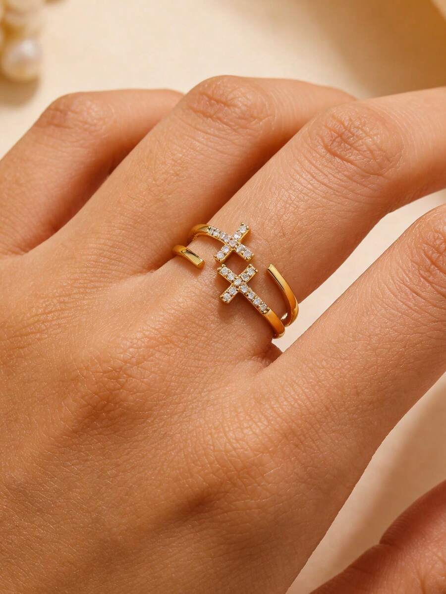 1PC Zirconia Double Cross Rings For Women Vintage Gold Color Opening Crystal Cross Finger Ring Party Wedding Jewelry Gift - Multicolor - View 1