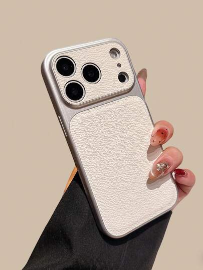 1个荔枝纹皮革纹理大窗口手机壳，全覆盖纯色亲肤保护套，兼容 13/14/15/16/17/Pro Max