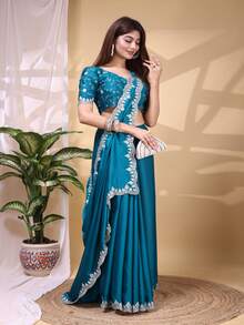 Estationeryhouse Satin Saree With Silver Embroidery With Heavy Embroidered Unstitched Blouse - Green - View 5