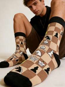1 双男士棕黑撞色棋盘格图案中筒袜，四季皆宜。 - 彩色 - 查看 2