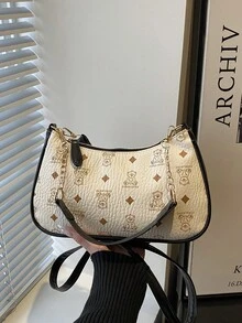 PU印花小熊链条单肩包，新月形斜挎包（女士款） - 白色 - 查看 5