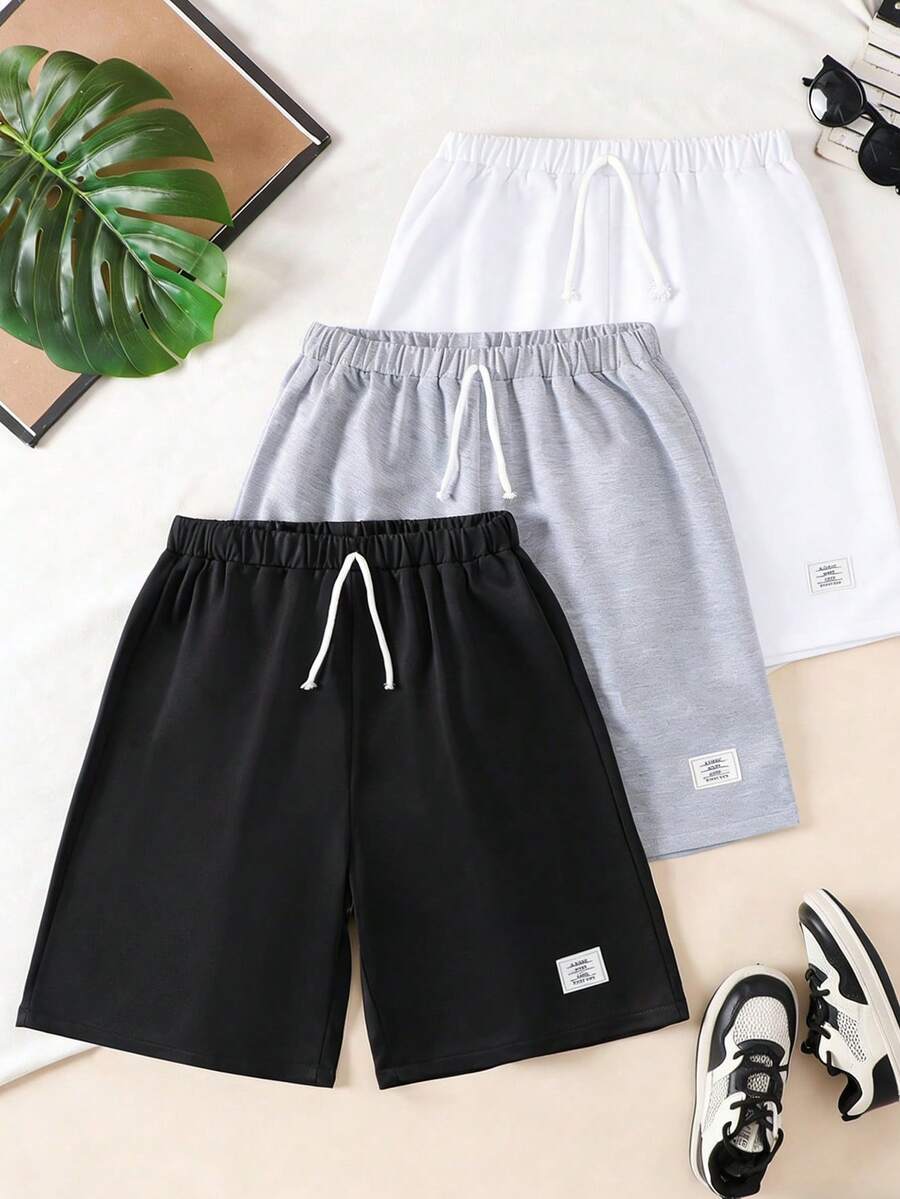 3pcs/Set Casual Sports Shorts For Teenage Boys, With Faux Drawstring Solid Color, Lightweight Knit Fabric, Comfortable For Spring/Summer School, Outdoor Activities, Cycling, Running And Daily Wear - Multicolor - View 1