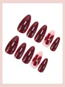 24pcs Medium Almond Shaped Nail Stickers, White French Pointed Tip, Floral Pattern, Fashionable Full Coverage, Suitable For Women & Girls Daily Wear, Summer Nail Art Nails Nail Supplies - Red 3 - 查看 4