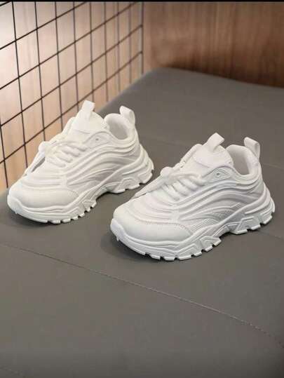 1 Pair 2026 New Kids Thick-Soled Chunky Sneakers, Breathable Mesh Lace-Up Platform Casual Shoes - Breathable Mesh Fabric, Comfortable For Summer - Pure White Color, Versatile For Any Outfit - Anti-Slip Sole, Stable And For Walking