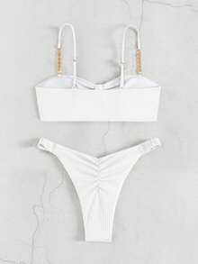 Conjunto de bikini de 2 piezas con tirantes de espagueti y acolchado, de tela a rayas de unicolor para mujer - Blanco - Ver 2