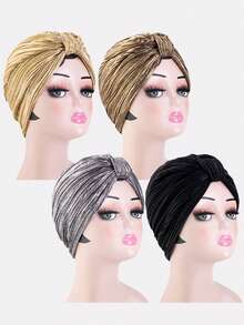 1件装女士奢华金箔褶皱头巾帽，打结头巾，日常时尚配饰 - 彩色 - 查看 5