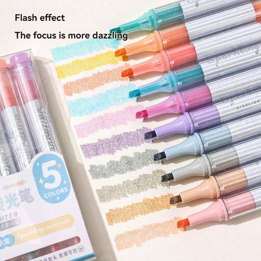 5Pcs Glitter Highlighter, Macaron Pastel Highlighter For Note Taking & Journaling - A - View 1