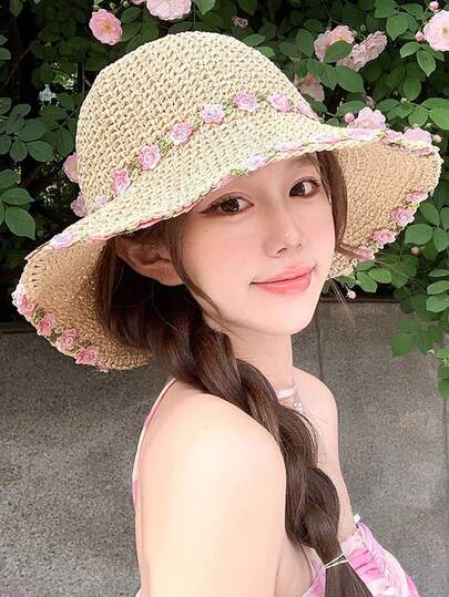 Straw Flower Sun Hat For Women, Large Brim, Summer Beach Vacation, Foldable, Sun Protection, Fashionable Floral Print, Casual, Polyester, Wind & UV Resistant, Spring/Summer