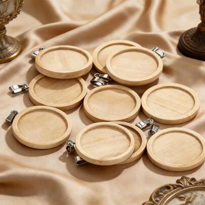 10pcs,Stainless Steel Round Wooden Pendant Accessories With Wooden 2.5cm Time Gemstone Bottom Bracket DIY Necklace Jewelry Accessories