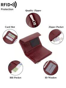 RFID Blocking Soft Leather Wallet With Card Slots And Zipper Pocket, Vintage Tri-Fold Design With Magnetic Snap, Business Casual Women's Daily Wallet, Anti-Theft Wallet, Essential Gift For Women Money Wallet Mini Wallet Purse Wallet Small Wallet Travel Essential Summer Small Wallet - Burgundy - View 9