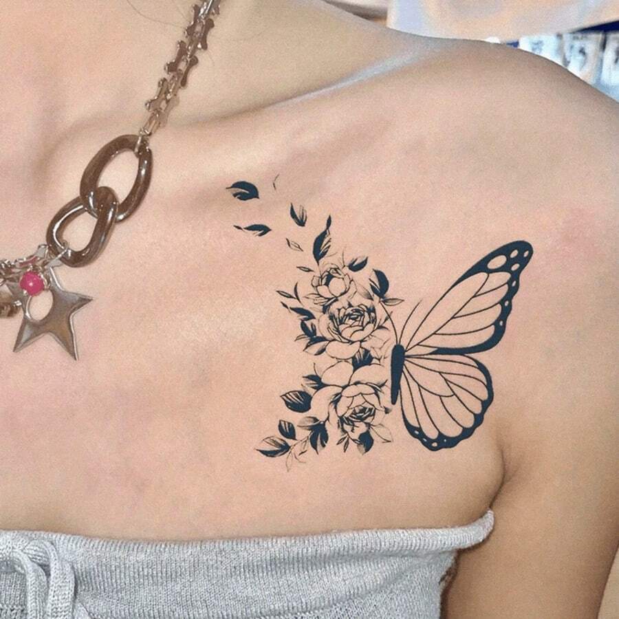 Adesivos de tatuagem temporária à prova d'água com borboletas e flores - Longa duração de 1 a 2 semanas, à base de ervas, arte corporal moderna para braço, peito e ombro - Design elegante em preto e branco