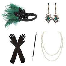 20 Pieces Women's 1920s Accessories Set: Robe, Great Gatsby-Style Feather Headpiece, Faux Pearl Necklace, Gloves Prom Halloween - Multicolor - View 40