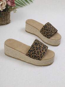 Women's Wedge Thick Bottom Sandals, Retro Leopard Print Woven Wedge Slippers, European And American Style Thick Bottom Elevated Slip-On Sandals, Summer Commute Versatile - Brown - View 6