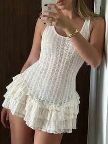 女士休闲无袖荷叶边修身连衣裙，适合海滩、派对、日常穿着，杏色裙摆 - 杏色 - 查看 1