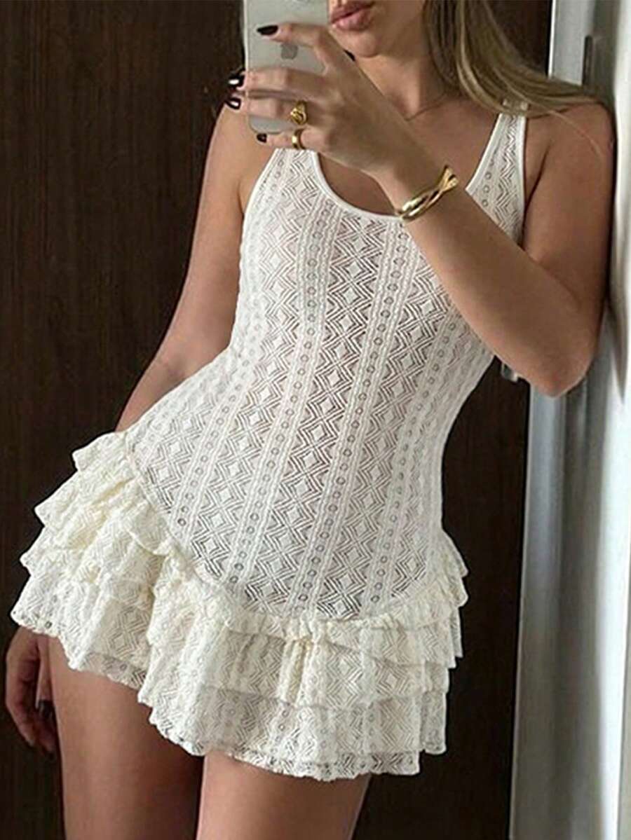 女士休闲无袖荷叶边修身连衣裙，适合海滩、派对、日常穿着，杏色裙摆 - 杏色 - 查看 1