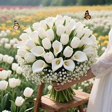 50 pièces Ensemble de fleurs artificielles Tulipe + Calla Lily + Gypsophile, convient pour diverses décorations de festivals et de tombes saisonnières, maison, extérieur, salon, mariage, Saint-Valentin, Fête des Mères Décoration de centre de table - Multicolore - Voir 4