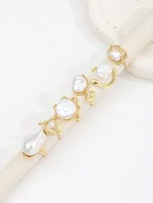 6枚复洛克风格仿珍珠戒指，不对称叠戴戒指套装，女士款 - 金色 - 查看 3