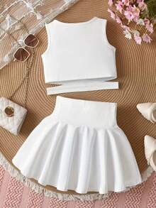 女童夏季两件套：无袖露脐上衣 + 高腰百褶裙 - 白色 - 查看 4