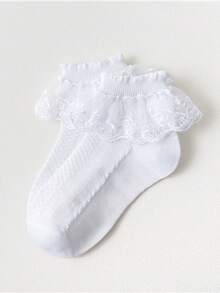 5 Pairs Spring/Summer Children/Girls White School Socks, Classic Retro Cable Knit Design, Sweet Cute Lace Trim, Soft Comfortable, Fashion Versatile Breathable Princess Style Short Socks, Suitable For Daily Dress, Party, Wedding, School Outfit - White - View 4