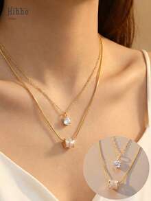 Hihho 两件套奢华锆石吊坠项链，多层项链，搭配暖金色镀层底座，适合不同场合和风格，可单独佩戴或叠戴。 - 項鍊套裝 - 查看 1