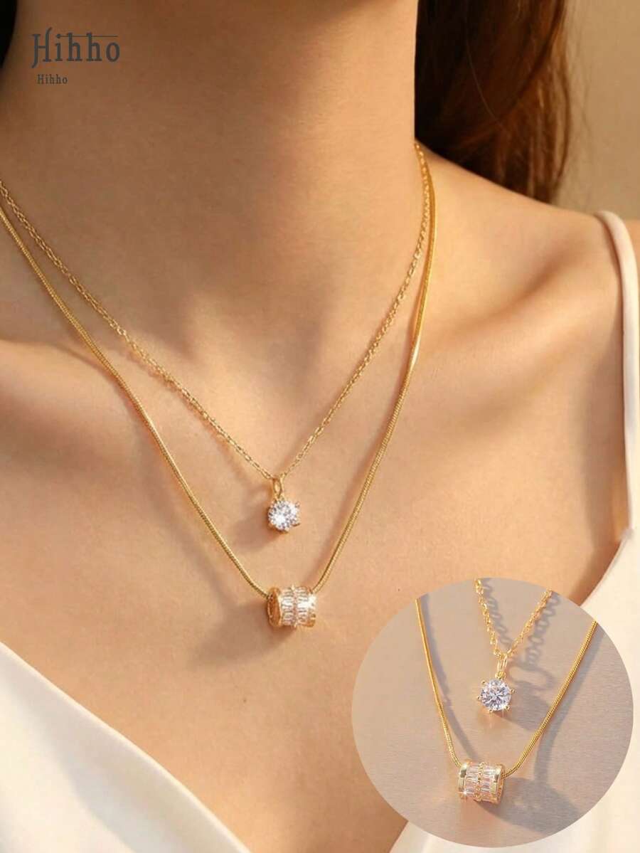 Hihho 两件套奢华锆石吊坠项链，多层项链，搭配暖金色镀层底座，适合不同场合和风格，可单独佩戴或叠戴。 - 項鍊套裝 - 查看 1