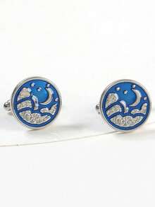 1 par de gemelos con estrella y luna redondas esmaltadas en azul, con textura grabada única para hombres - Azul - Ver 6