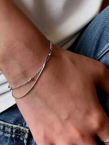 1pc Minimalist Luxury Double-Layer Silver Bead Snake Bone Bracelet, 304 Stainless Steel Rice Bead Chain Accessory, Versatile Daily Wear Non-Fading - Double Layer Bracelet - View 1