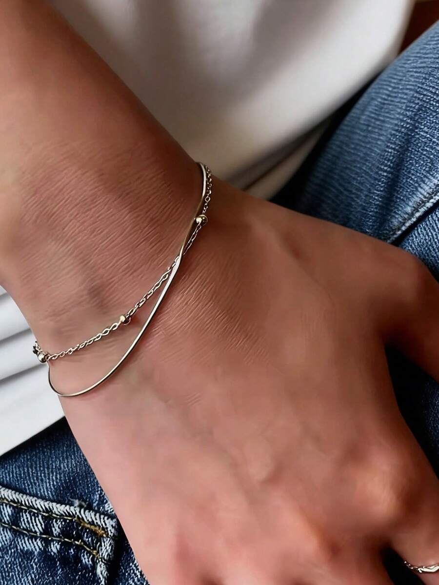 1pc Minimalist Luxury Double-Layer Silver Bead Snake Bone Bracelet, 304 Stainless Steel Rice Bead Chain Accessory, Versatile Daily Wear Non-Fading - Double Layer Bracelet - View 1