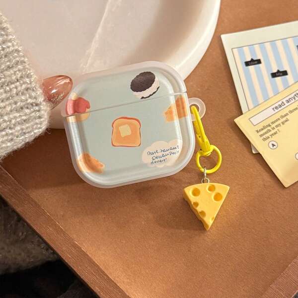 Cartoon Bread & Cookie Print Fashionable Earphone Case + Yellow Cheese Pendant, Suitable For Airpods 4th/3rd/Pro/Pro2/2nd/1st/Pro3rd Generation Earphone Case, Can Be Paired With Keychain, Durable And Safely Closed, Perfect Fit Design, Fashionable Daily Accessory