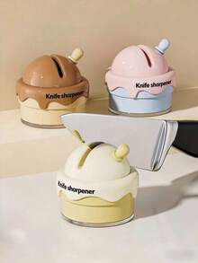 1pc MINKOJA Ceramic Double-Sided Knife Sharpener With Suction Cup, Ice Cream Design, Creative Kitchen Tool, Essential Christmas Gift For Chefs - Brown - View 2