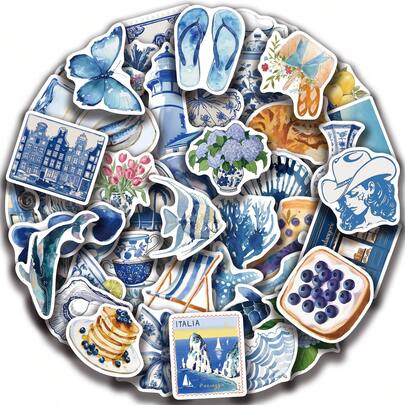 50pcs Blue Cartoon-Style Stickers, Creative Graffiti Stickers, Office Supplies, Mobile Phone And Computer Stickers, High-Value, Durable, Exquisite, Cool Stickers, Fun, Classic, Colorful Cartoon Design, Gift Decoration, Phone Case Decoration Stickers, Reusable, Colorful Cartoon Design, Suitable For Water Bottles, Skateboards, Mobile Phones, Etc., Very Suitable For School Supplies, A Top Choice For Holiday Gifts.