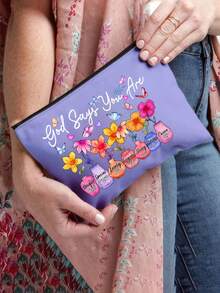 1 pieza Bolsa de maquillaje cristiana inspiradora | "Dios dice que eres único" Estampado floral religioso y versículo bíblico Organizador de viaje portátil con cremallera multifuncional | Disponible en varios colores | Adecuado para uso diario, viajes, playa, vacaciones, viajes de negocios, viajes al trabajo y vida universitaria | Regalo perfecto para damas en vacaciones/Pascua/Día de la Madre/Día de la Independencia/Temporada de bodas/Graduación/Aniversario/Cumpleaños - Multicolor - Ver 5