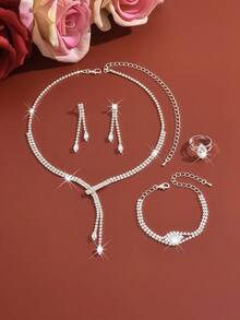 4 piezas Conjunto de joyas doradas, Collar en Y, Aretes de gota, Pulsera y Anillo, Estilo impactante, Accesorio para vestido de fiesta, Atuendo para citas, Regalo de cumpleaños - Plateado - Ver 4