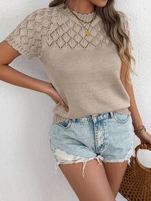 Summer Hollow Out Knit Top For Women, Vintage Lace Scalloped Trim Short Sleeve Crew Neck Casual T-Shirt - 卡其色 - 查看 1