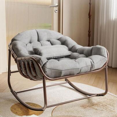 Outdoor Papasan Women Rocking Chair, Oversized Wicker Lounge Chair With Cushion And Metal Frame, Patio Rattan Egg Rocker For Balcony Backyard Porch Bedroom, Grey