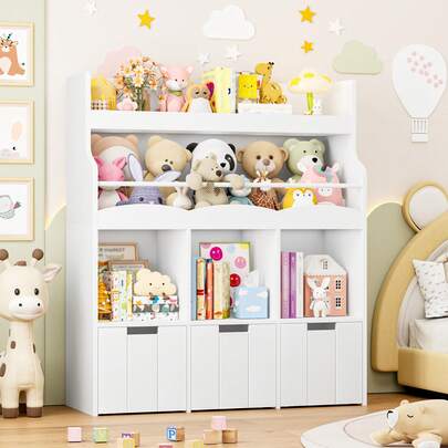 Kid's Toy Storage Unit, Children's Bookcase Kids Storage Unit With 3 Removable Boxes And Storage Shelves, Toy Box Organiser For Nursery, Kindergarten, Playroom, 110x100x30cm