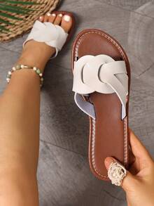 Ximi Ruo Pantuflas cómodas con incrustaciones de diamante de imitación de ajuste amplio, sandalias planas casuales coreanas para mujer, chanclas de punta abierta para primavera, verano, playa y uso casual - Blanco - Ver 6
