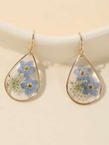 1pair Teardrop Shape Resin & Dried Flower Earrings With Glue Surface, Suitable For Women's Daily Wear,Natural Dried Flowers, Random Shapes And Colors Valentines,Mom,Mother,Mother's Day,Gift - 藍色 - 查看 1