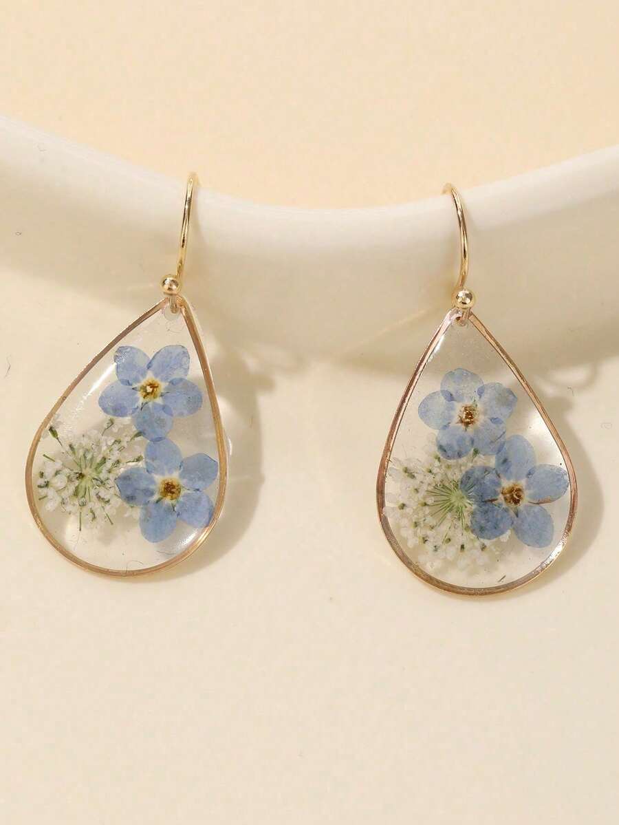 1pair Teardrop Shape Resin & Dried Flower Earrings With Glue Surface, Suitable For Women's Daily Wear,Natural Dried Flowers, Random Shapes And Colors Valentines,Mom,Mother,Mother's Day,Gift - 藍色 - 查看 1