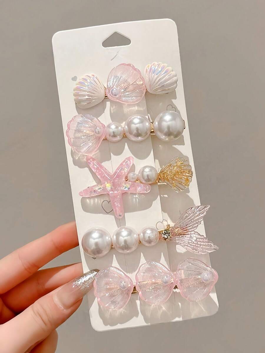 Conjunto de 5 presilhas de cabelo em formato de cauda de sereia com conchas de estrela-do-mar rosa, presilhas de cabelo com estampa de jacaré para férias no oceano, presilhas românticas de sereia com pérolas para uso diário. - Rosa - Ver 1