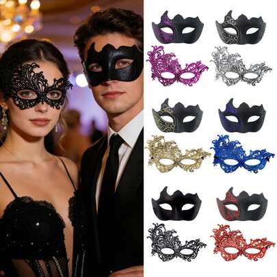 2pcs Couple Masquerade Masks, Fashionable High-End Gold Mask Set, Venetian Party Half Face Mask, Christmas Halloween Party Masks, Carnival Cosplay Decorative Masks For Men And Women