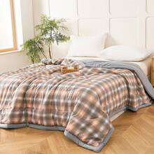 1pc Lightweight Cotton Fiber Quilt, Summer Cooling Quilt, Air Conditioning Quilt - Orange-gray Plaid - View 4