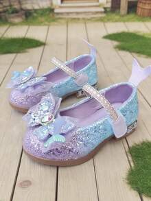 1 Pair Girls' Sequin Mary Jane Dress Shoes, Butterfly Decor Low Heel Single Strap Shoes, Suitable For Party & Performance - Purple - View 4