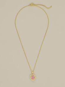 1件女士项链，铜镶嵌锆石珍珠心形吊坠项链，百搭日常佩戴叠戴配饰 - 金黃色 - 查看 2