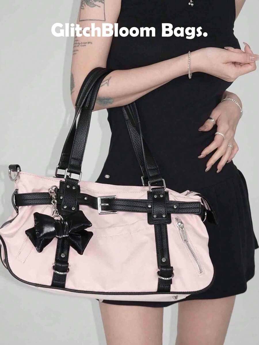 Túi đeo vai màu hồng kiểu Y2K dành cho nữ, túi xách dây đeo khóa cài phong cách Punk với chi tiết khóa kéo, túi tote thời trang đường phố hàng ngày (Không bao gồm phụ kiện) - Hồng - Xem 1