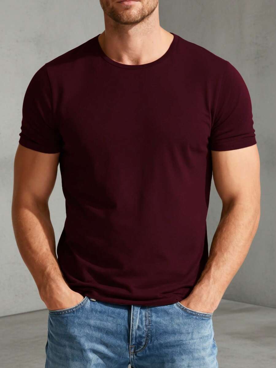 Men's 100% Cotton T-Shirt, Casual Wear, Suitable For Vacations And Workouts, Minimalist Design, No Print. - 紫紅色 - 查看 1