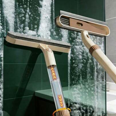 1개 다기능 욕실 청소 브러시, 스크레이퍼 물 분사 메커니즘이 있는 확장형 유리 와이퍼, 플라스틱 고무 재질, 가정용 욕실 청소 스타일 청소 도구, 양면 스크레이퍼 패턴 청소 필수품, 내구성 있는 손잡이가 있는 타일 바닥 욕조 스크러버, 유리 샤워 문 창문 주방 청소에 이상적