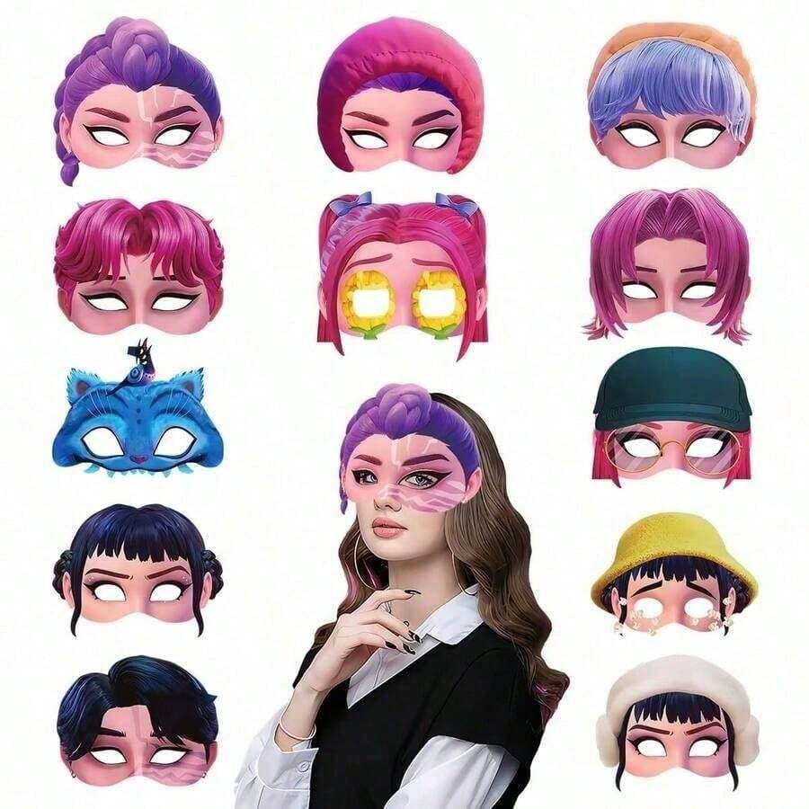 12pcs/6pcs K-Pop Girl Group Themed Party Photo Props Paper Masks, K-Pop Girl Group Party Costume Party Fun Half Face Masks Anime Cartoon Character Gifts, Holiday Gifts For Fans And Friends, New Year Gifts - A - View 1